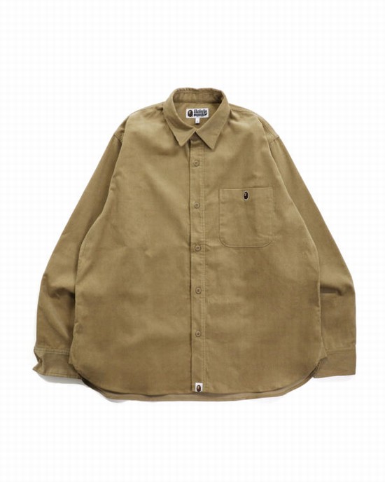 Camisas Bape Ape Head One Point Corduroy Relaxed Fit Trabajo Hombre Beige | 256897-OYF