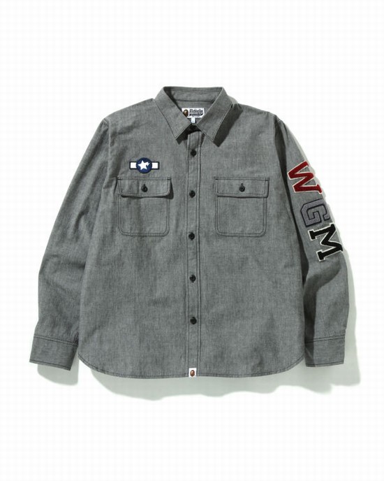 Camisas Bape Busy Shark Chambray Relaxed Fit Hombre Negros | 408126-XJN