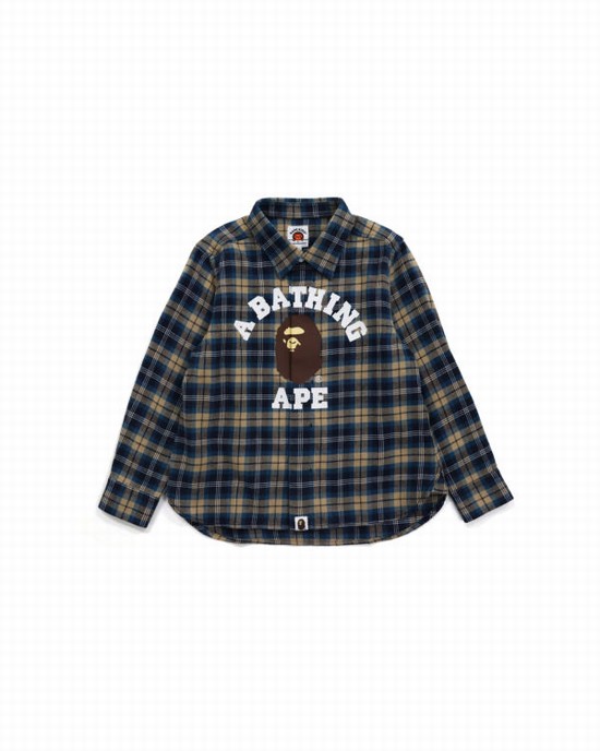 Camisas Bape College Flannel Check Niños Azules Oscuro | 457891-CFR