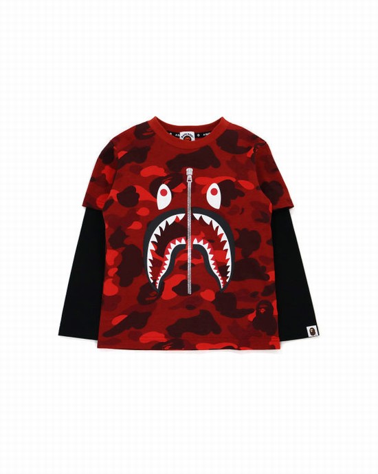 Camiseta Bape Color Camo Shark Layered Niños Rojos Claro | 628079-CDP