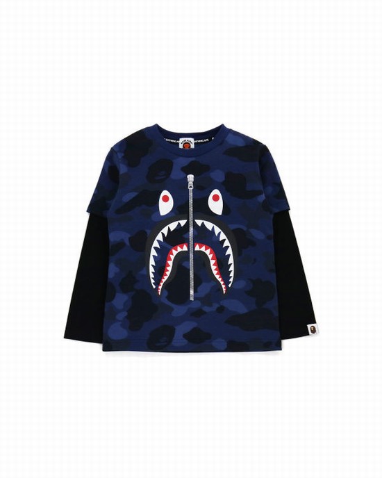 Camiseta Bape Color Camo Shark Layered Niños Azul Marino Azules | 793654-BXC