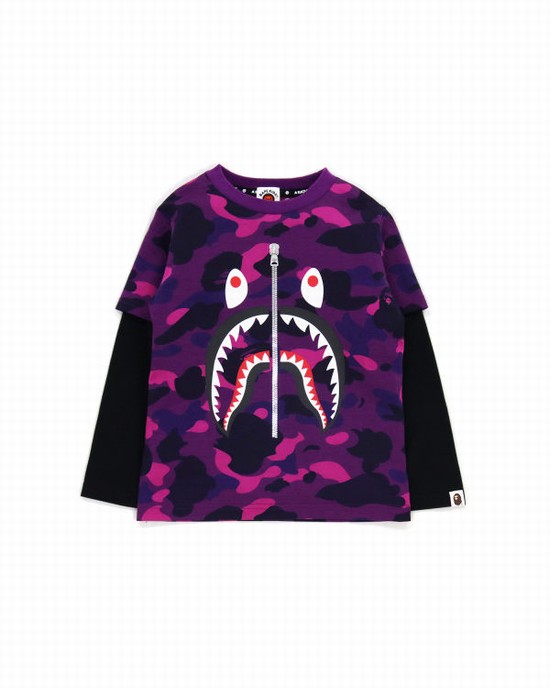 Camiseta Bape Color Camo Shark Layered Niños Morados Oscuro | 906834-OFJ