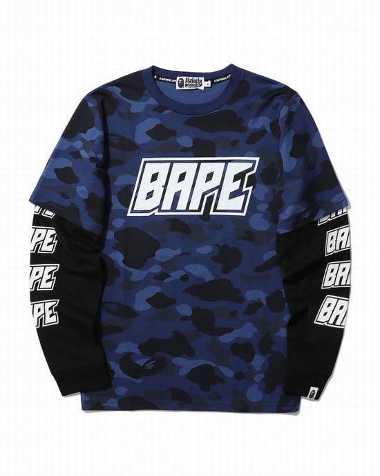 Camiseta Bape Color Camo layered Hombre Azul Marino Azules | 610549-HBP