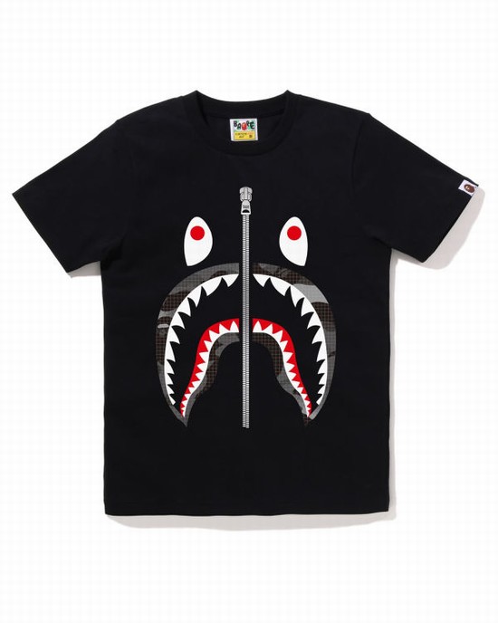 Camiseta Bape Grid Camo Shark Mujer Negros | 072839-EMJ