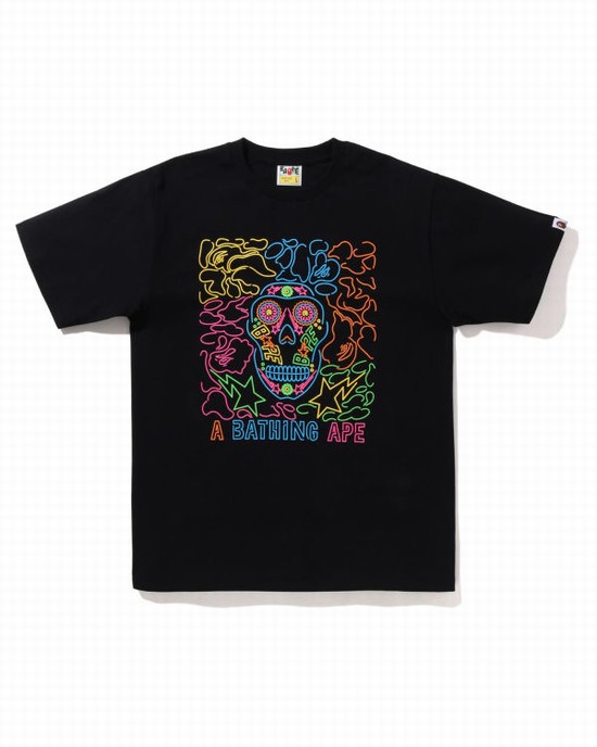 Camiseta Bape Halloween Neon Mexican Skull Hombre Negros | 326749-NDE