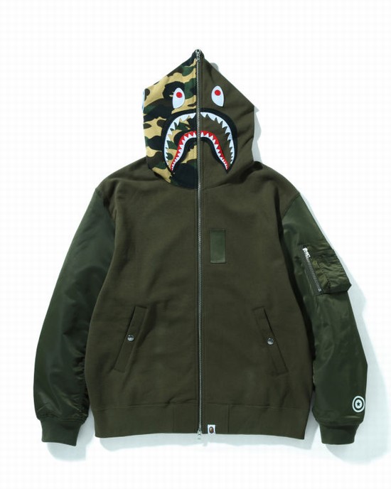 Sudadera Con Capucha Bape Military Shark Relaxed Fit Full Zip Hombre Verdes | 742896-EJU