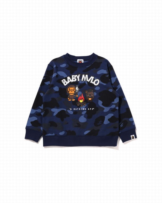 Sudaderas Bape Color Camo Milo Camp Crewneck Niños Azul Marino Azules | 982071-QZI