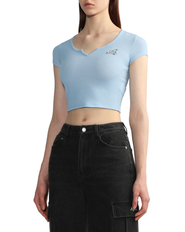 Blusas Bape V-neck crop Mujer Azules Claro | 715609-KPG